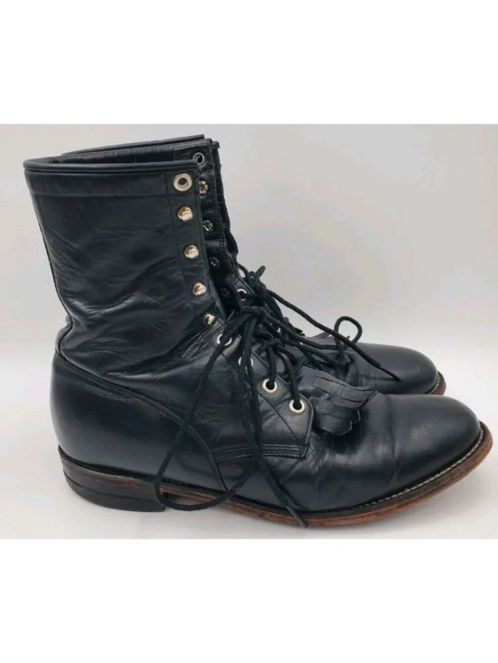 Justin 506 Boots Mens 9 1/2 D Black Leather Kiltie Lace Up Roper Western USA